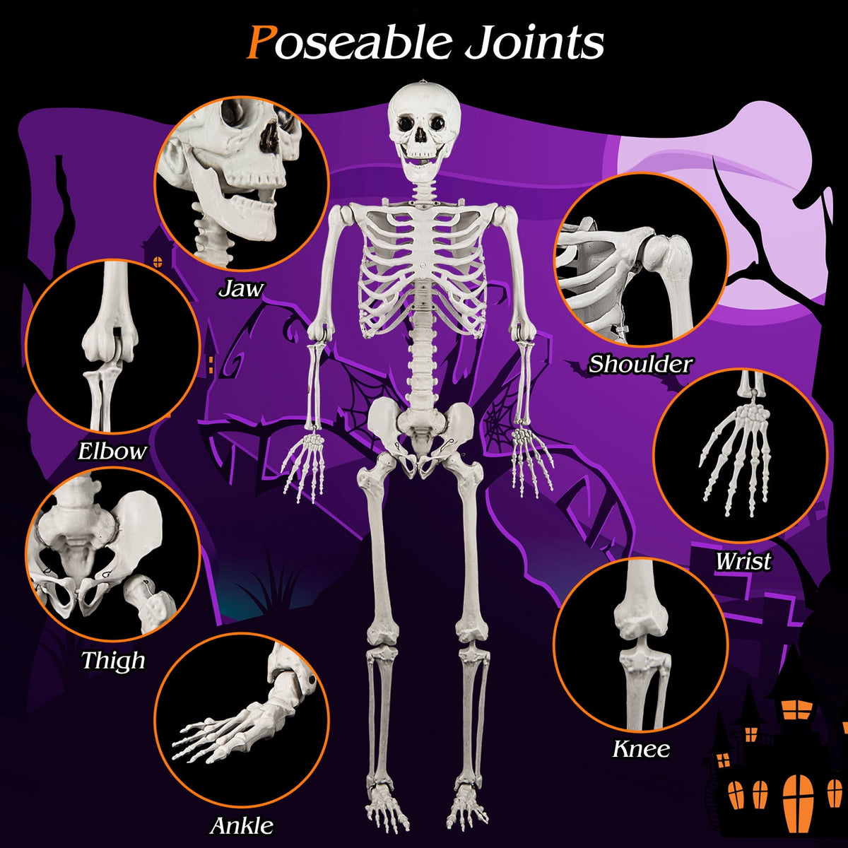 5.4ft Halloween Christmas Skeleton Life Size Realistic Full Body Hanging with Movable Joints 63 Inches