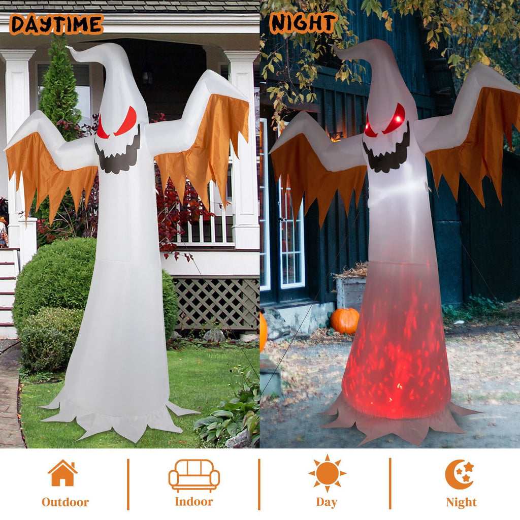 12FT Inflatable Scary Ghost with Flames and Flashing Red Eyes LED Lights for Halloween Yard Decor