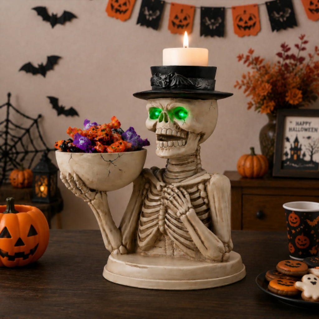 SpookHaven Halloween Jack‑O‑Lantern Pumpkin Mist Sprayer Figurine, LED Light‑Up Fogger with Witch Hat & Skull Decoration, Spooky Ornament for Tabletop Entryway Halloween Party Home Decor
