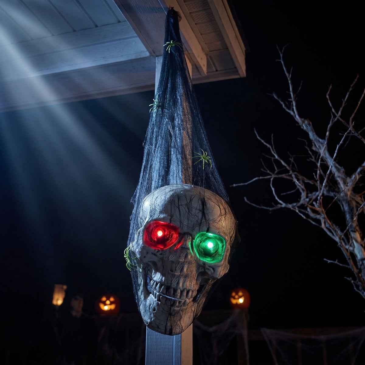 Spooky Hanging Skull Decoration 25.6 Inch Glowing Led Eyes Skeleton Ornament for Halloween Yard, Porch, Door, Tree, Window, Gothic Party Decor