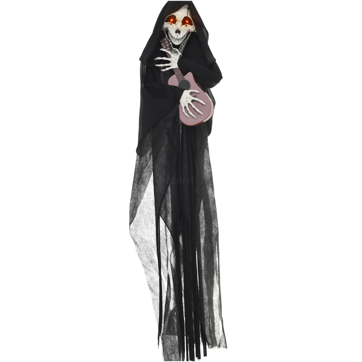 JERFIT Halloween Animatronic Grim Reaper Prop with Motion Sound Activation, Light Up Eyes and Guitar Music for Scary Outdoor Indoor Decor