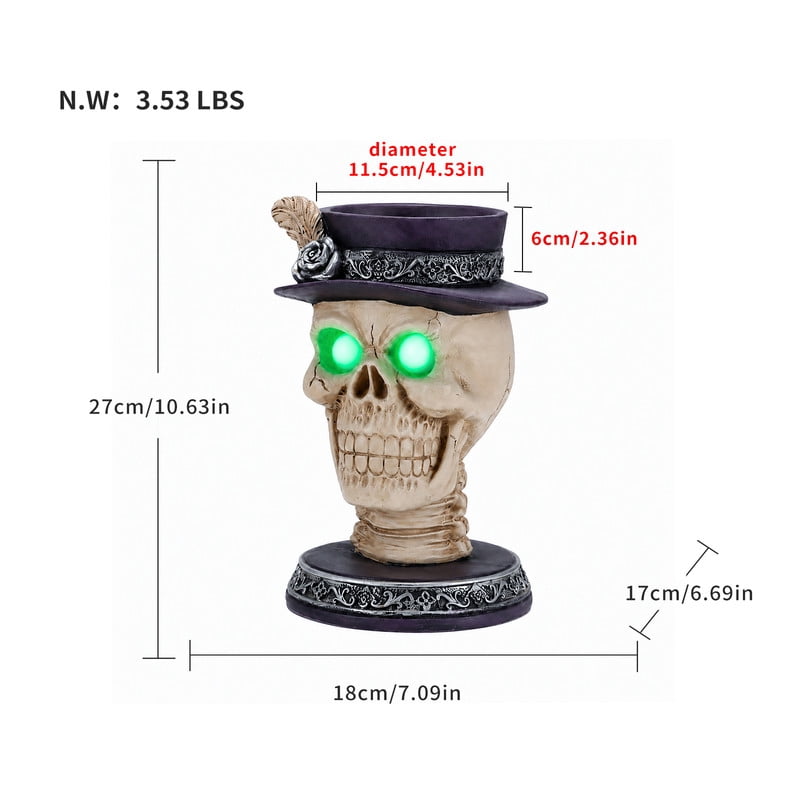 Halloween Resin Skull Candle Holder Figurine with LED Glowing Green Eyes, Skeleton Head Statue with Feather Top Hat, Spooky Tabletop Halloween Party Decor