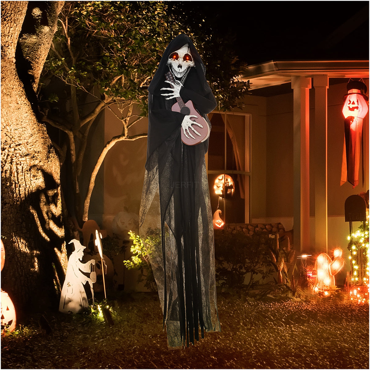 JERFIT Halloween Animatronic Grim Reaper Prop with Motion Sound Activation, Light Up Eyes and Guitar Music for Scary Outdoor Indoor Decor