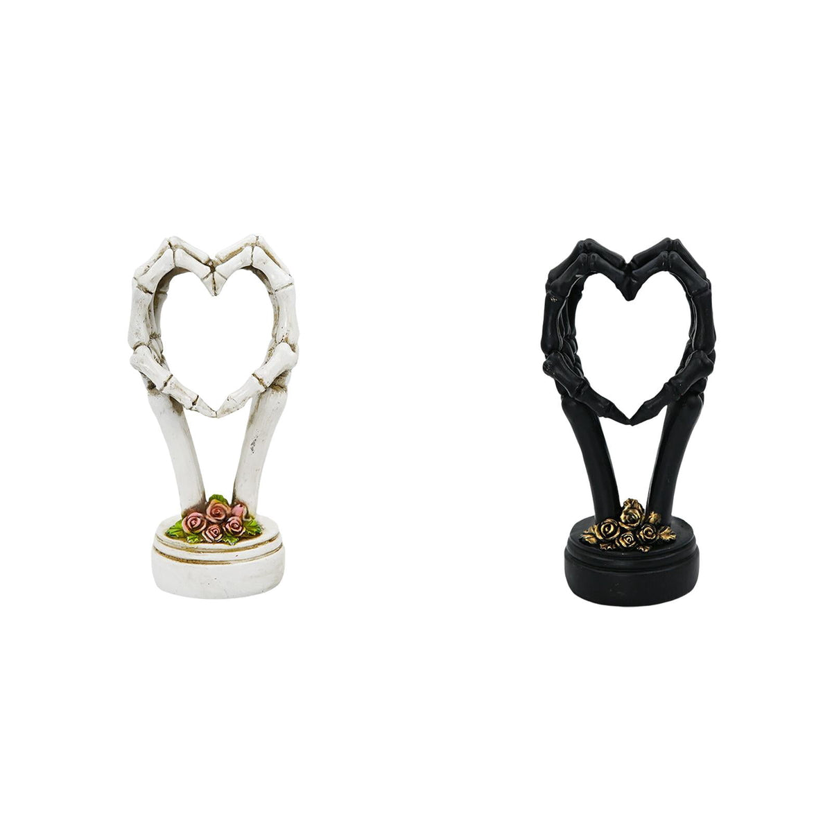 3Pcs Halloween Skeleton Heart Hands Sculpture, Resin Abstract Bone Finger Gesture Statue with Floral Ornament Base, Gothic Home Desktop Decor for Shelf, Mantel, Dressing Table and Party Display