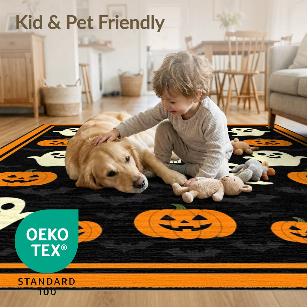 ODIKA Retro Halloween Welcome Featuring Ghosts Pumpkins Bats Skulls Non-Slip Flatwoven for Living Room, Under Sectional, Family