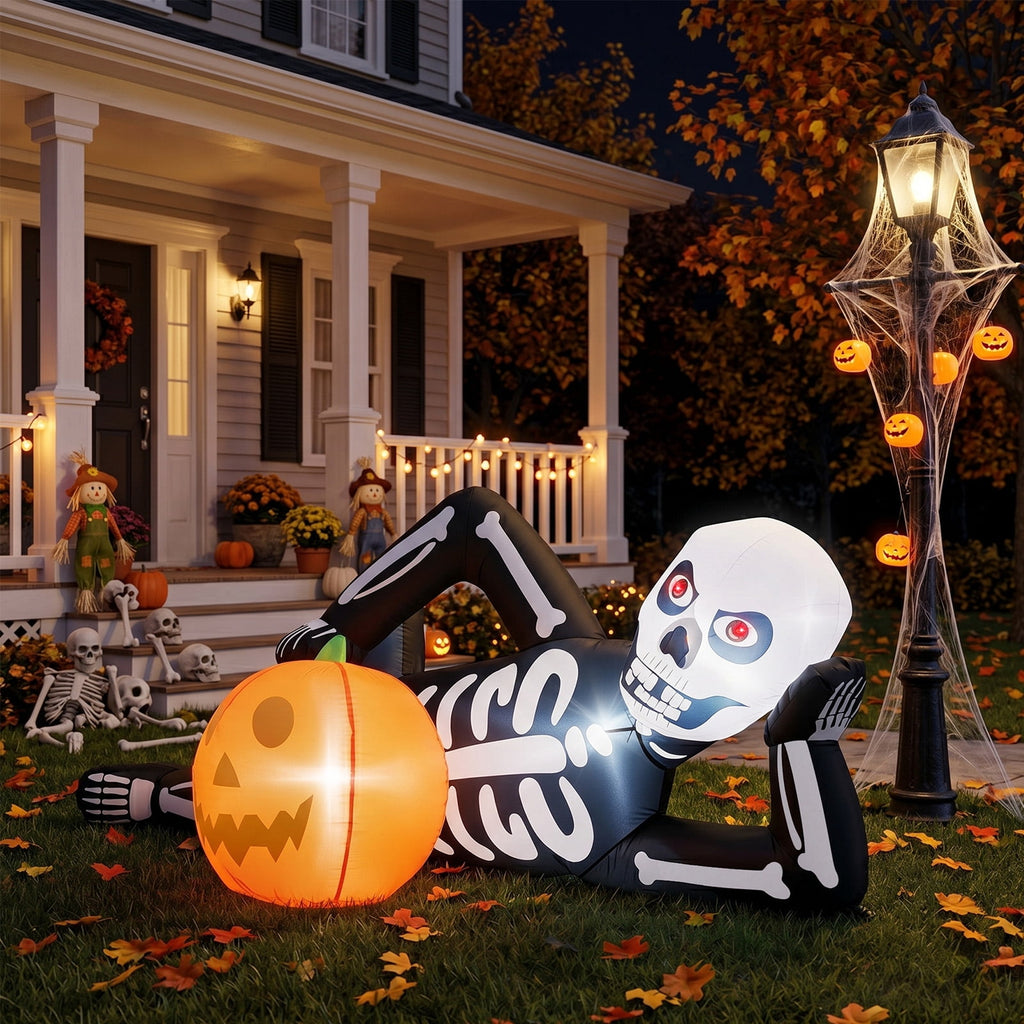 7ft Inflatable Halloween Lying Skeleton with 7 LED Lights Black and White Decor for Lawn