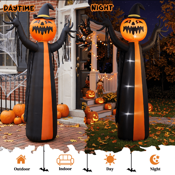Alvantor 9.8 ft Pumpkin Ghost Halloween Inflatable with Rotatable Head, 6 LED Lights and Built-in Blower, Black and Orange