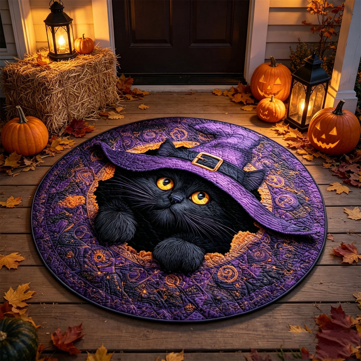 2Pcs 3D Round Halloween Doormat Set â Witch Hat Black Cat & Pumpkin Skull Design, Non- Polyester Entry Mat For Indoor/Outdoor, Spooky Cute Fall Decor, Gift For Halloween Lovers (91X91")