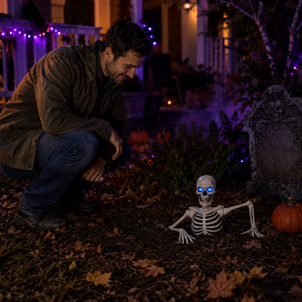 Halloween Giant Ground Breaking Skeleton with LCD Moving Eyes Halloween Dynamic Skeleton Decor Light-Up Ground Breaking Skeleton Scary Skull Stakes for Garden Lawn Holiday Decor