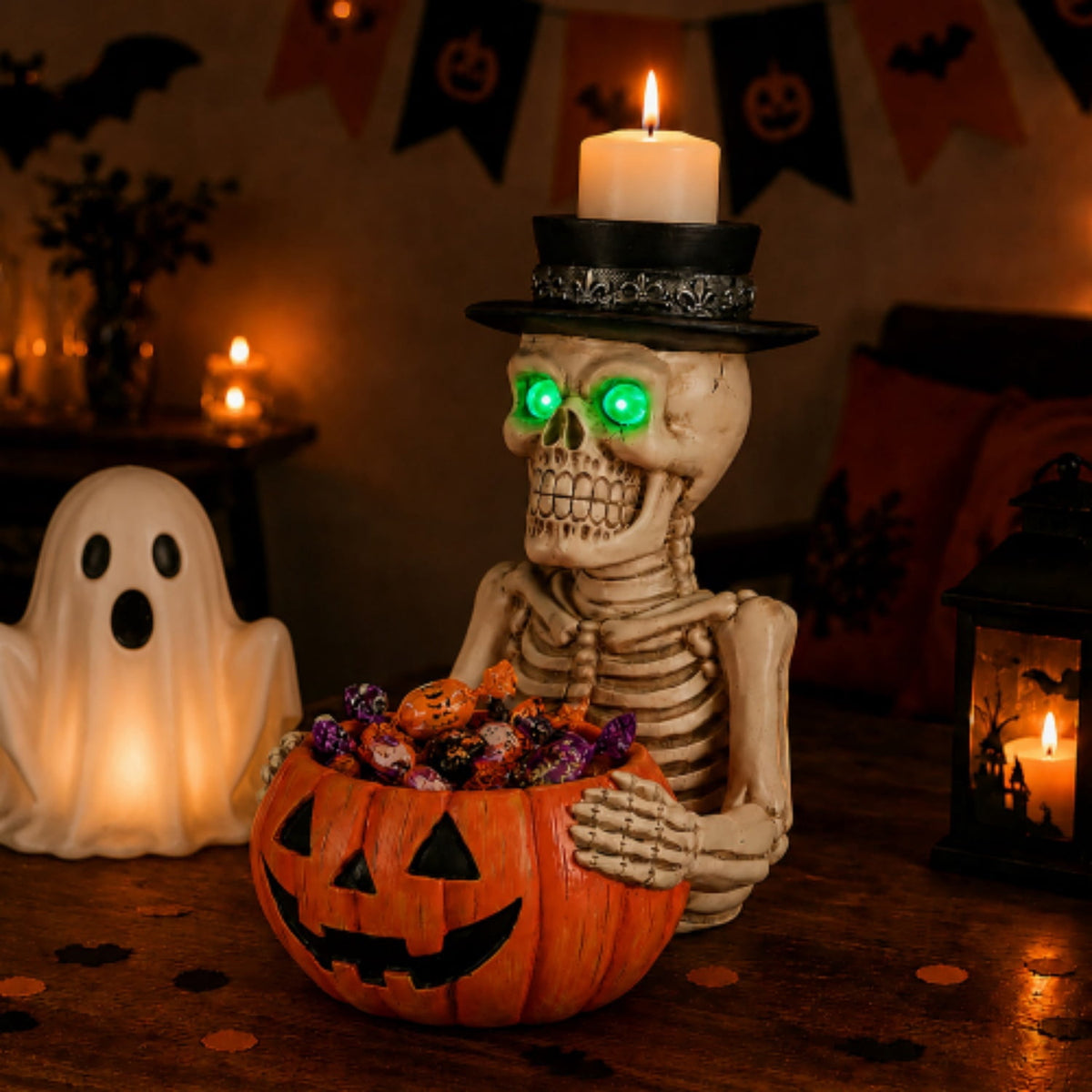 SpookHaven Halloween Jack‑O‑Lantern Pumpkin Mist Sprayer Figurine, LED Light‑Up Fogger with Witch Hat & Skull Decoration, Spooky Ornament for Tabletop Entryway Halloween Party Home Decor