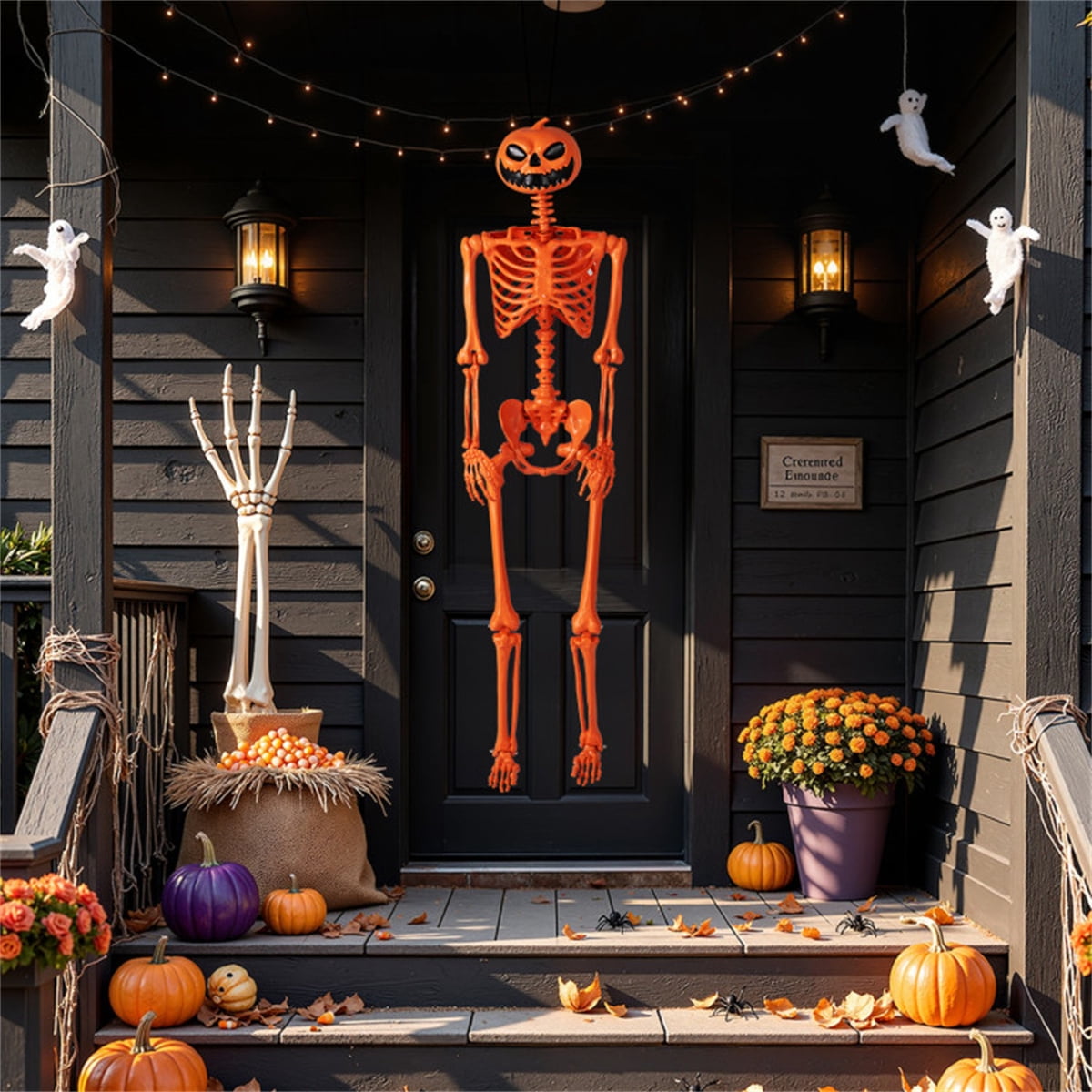 ECOBUY 5.5ft Life-Size Poseable Halloween Skeleton with Pumpkin Head, Orange Full-Body Realistic Decor, Movable Joints for Indoor & Outdoor Scary Display