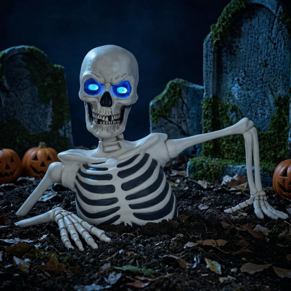 Clearance Halloween Giant Ground Breaking Skeleton Decor with LED Light-Up Moving Eyes, Scary Skull Stakes for Garden Lawn Holiday Party Decor