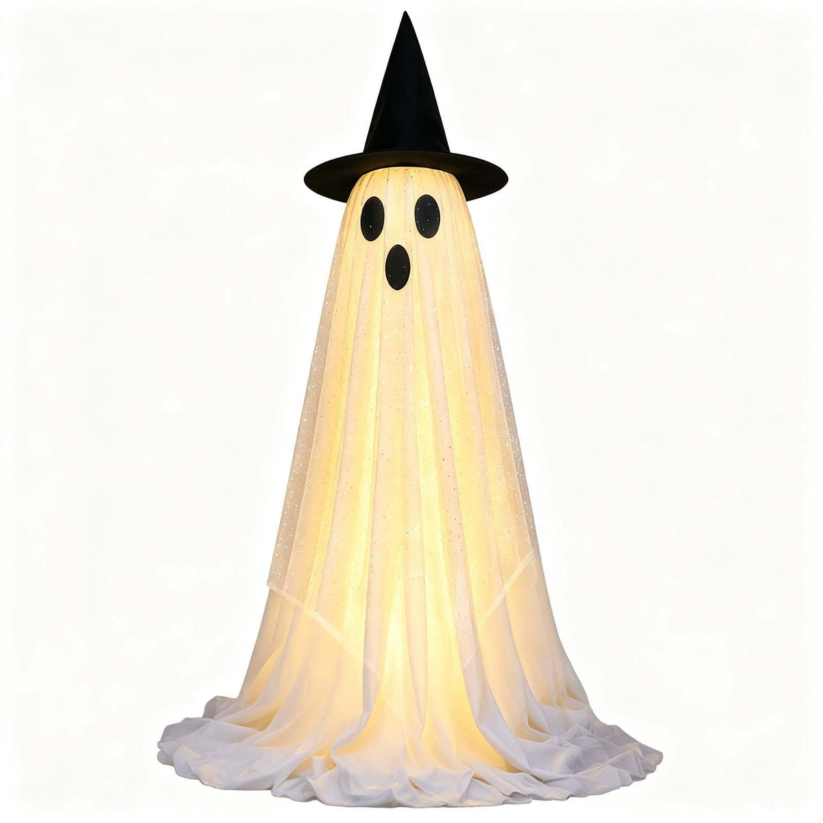 2 Pack Light Up Standing Tulle Ghost Halloween Decorations with Witch Hat, Warm LED Fairy Light Ghost Yard Stakes, Spooky Cute Ghost Outdoor Lawn Porch Mantel Home Halloween Party Decor
