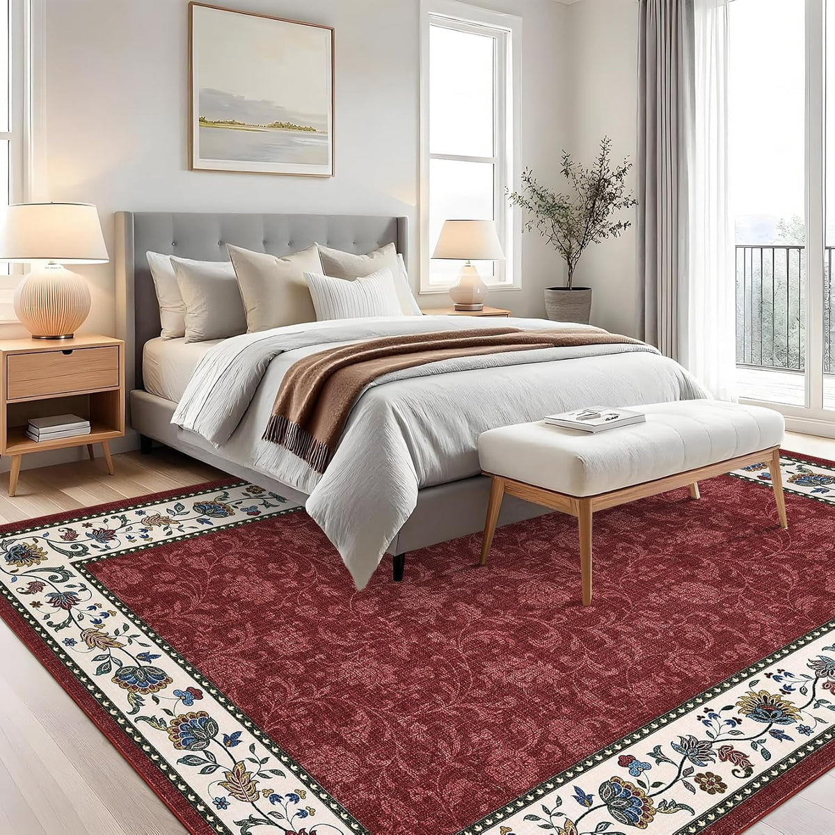 Large Living Room Rug 10x13 Non-Slip Floral Indoor Carpet Washable Floral Bordered Floor Mat Low Pile Non-Shedding Foldable Neutral Bedroom Rugs for Dining Room Nursery Home Office Red