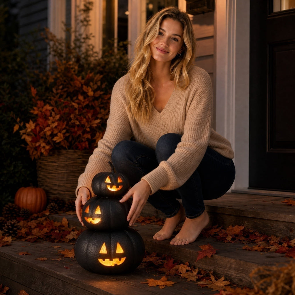 Halloween Lit Stacked Hammered Jack-O'-Lantern, 3 Tiers Black Jack O Lanterns Light up Pumpkins with LED Candles Decoration, Bundle Pre-lit Pumpkin Lights for Halloween Indoor Outdoor Yard Decor