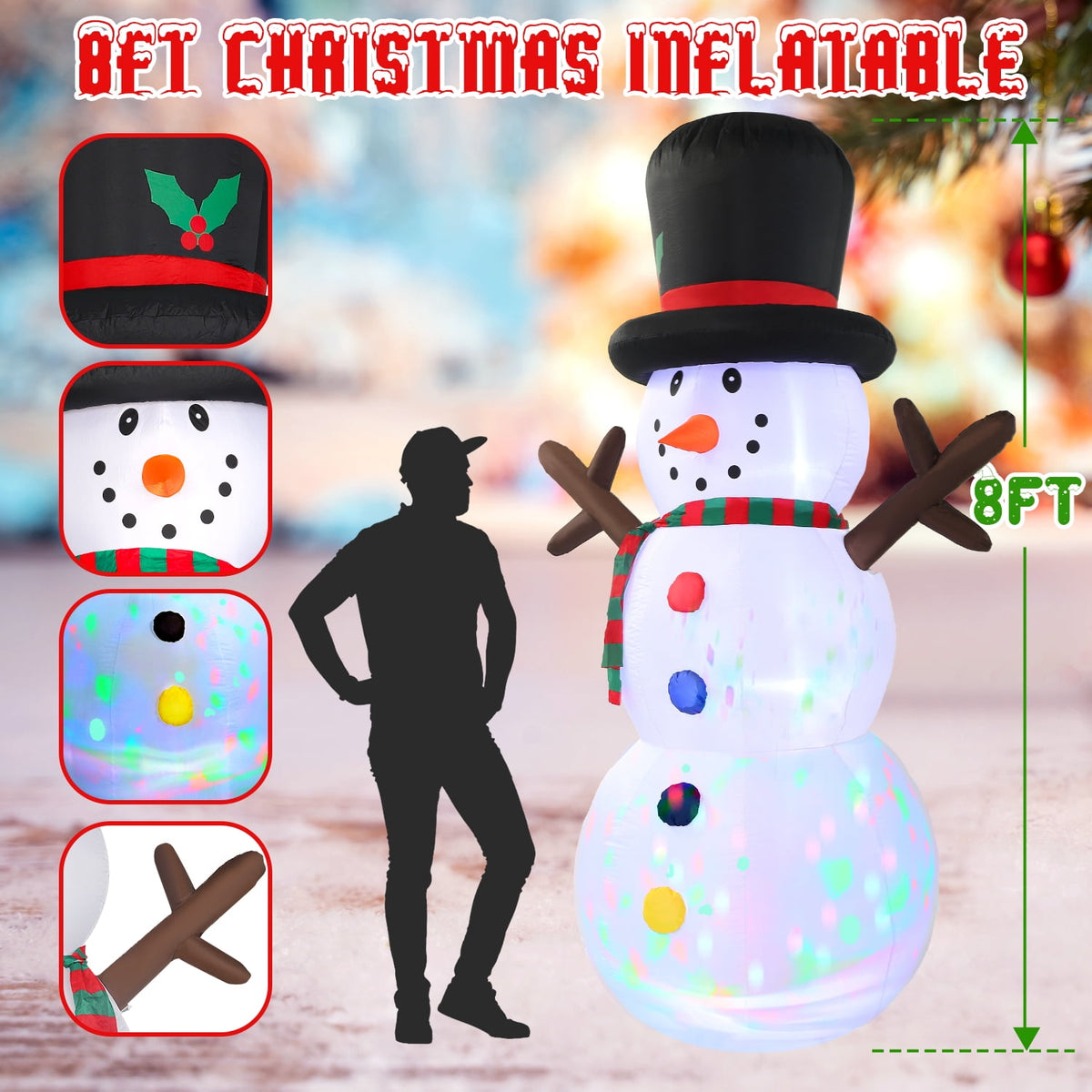 8FT Christmas Inflatable Snowman, Built-in light up for Indoor Outdoor Decoration Xmas Party Decor