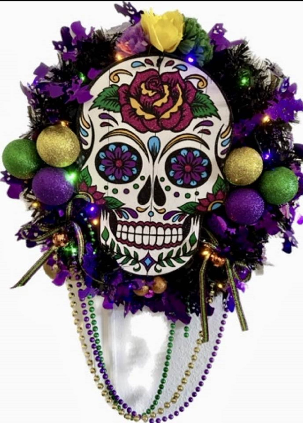 LED LIGHTED Halloween Dia De Los Muertos wreath Day of the Dead Sugar Skull