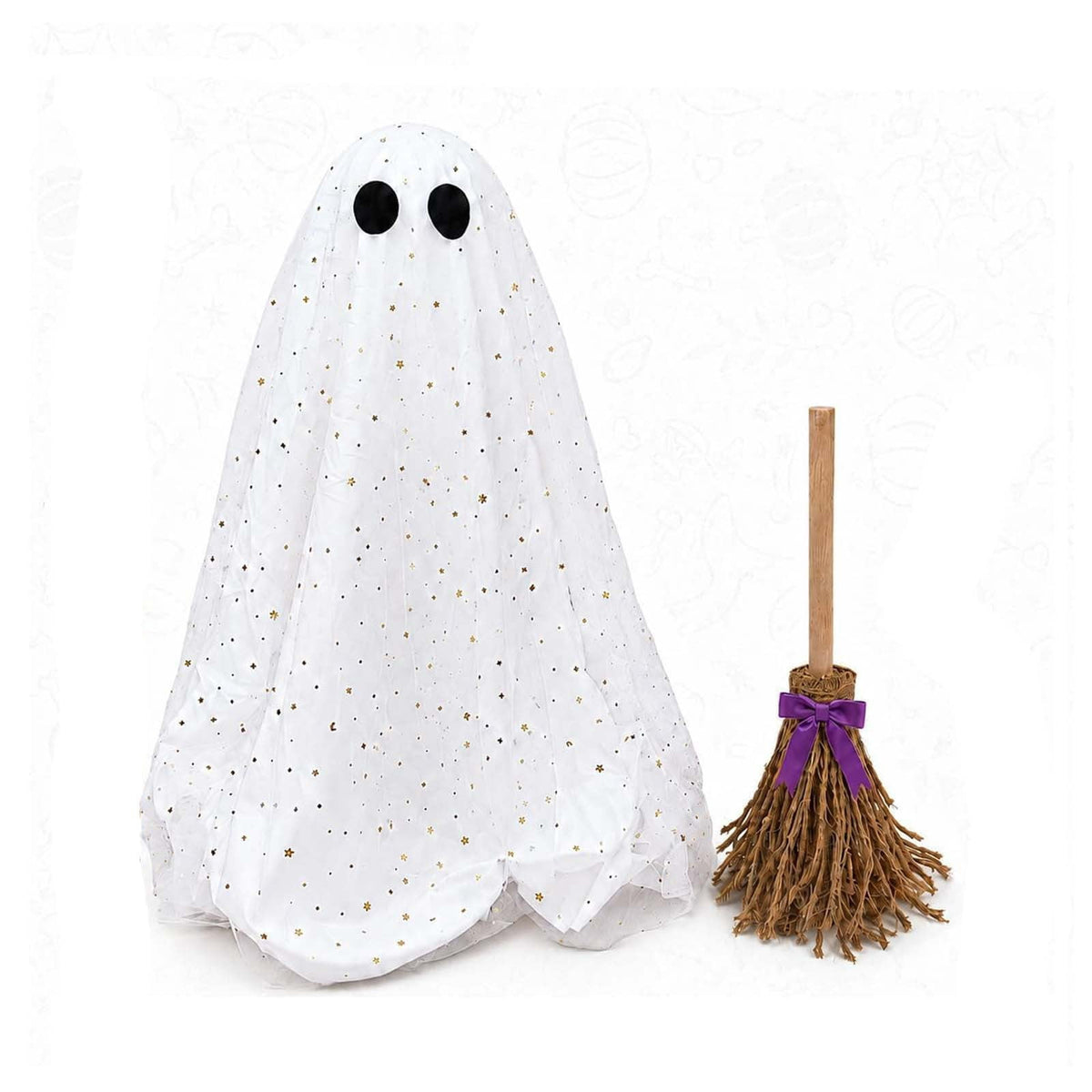 2 Pack Light Up Standing Tulle Ghost Halloween Decorations with Witch Hat, Warm LED Fairy Light Ghost Yard Stakes, Spooky Cute Ghost Outdoor Lawn Porch Mantel Home Halloween Party Decor