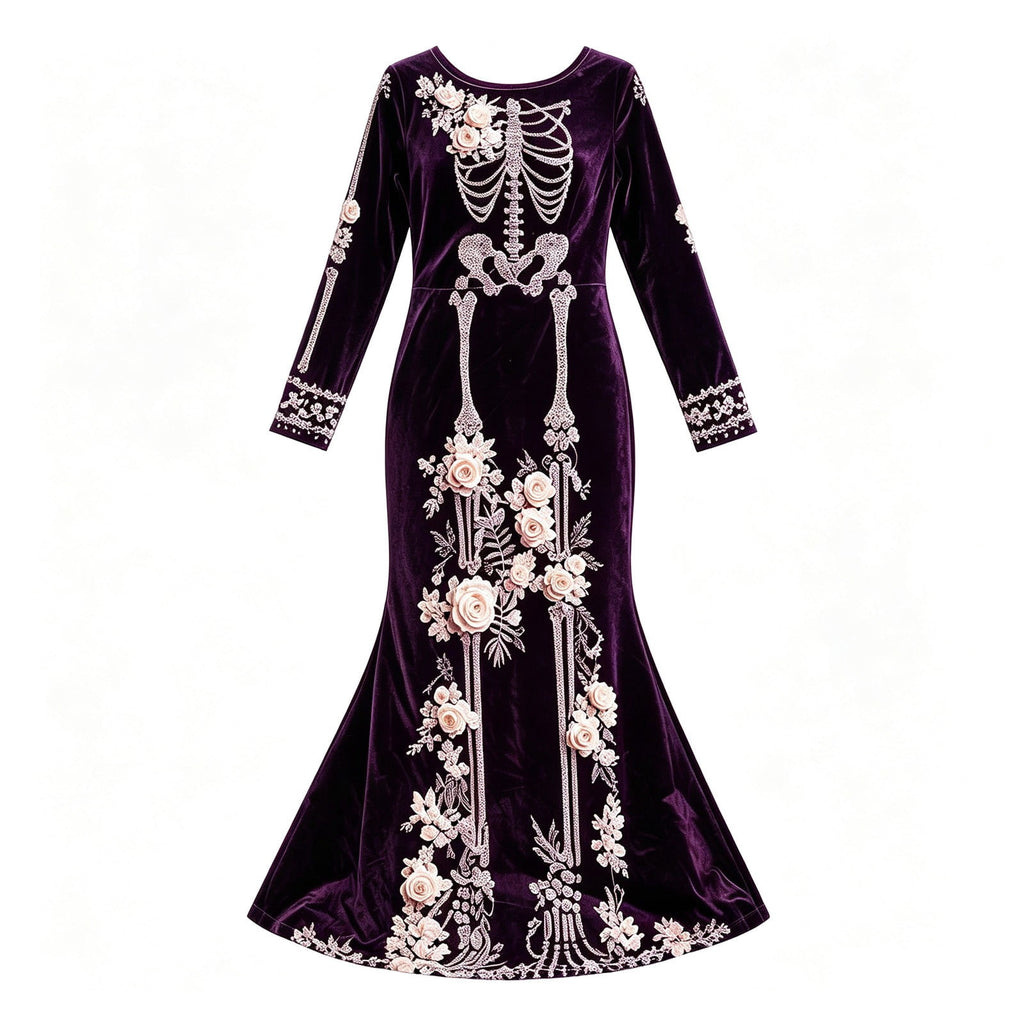 Women Halloween Skeleton Mermaid Dress, Velvet Long Sleeve Bodycon Gown with 3D Floral Appliques, Floor‑Trailing Gothic Costume for Party Cosplay L