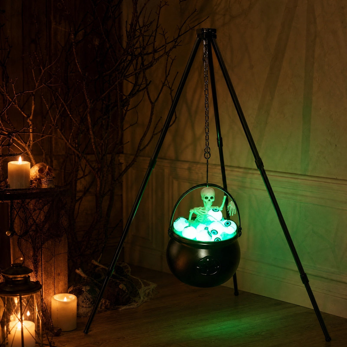 Spooky Halloween Cauldron Decoration 12 Inch with Tripod Stand, Skeleton Glowing Eyeballs, Green Led Light, Witch Pot Prop for Outdoor Yard, Porch, Party, Garden, Patio, Front Door, Indoor Home Decor