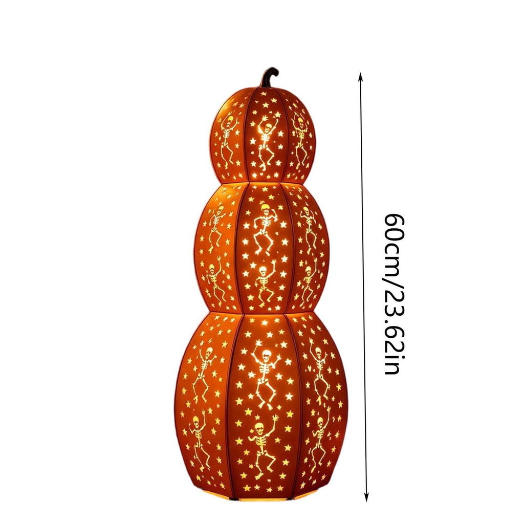 AZXY Halloween Stacked Lighted Pumpkin Figurine, Skeleton Cut‑Out Pumpkin Lamp, Spooky Holiday Floor Ornament, Halloween Yard Party Decoration for Porch Yard Living Room Use