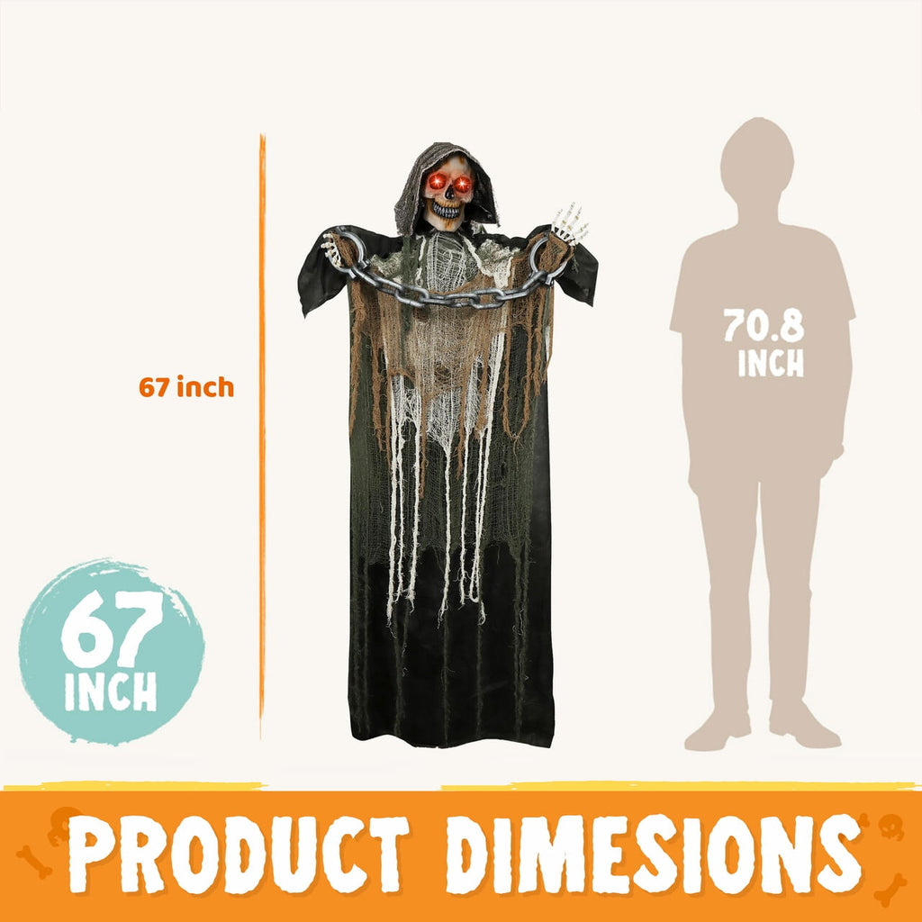 Joyfy 67"(5.6ft) Standing Grim Reaper with Chain, Large Halloween Decorations Outdoor, Life Size Animatronics Skelton, Sound-Actived Party Decor with Creepy Sound & LED Eyes, Scary Haunted House Prop