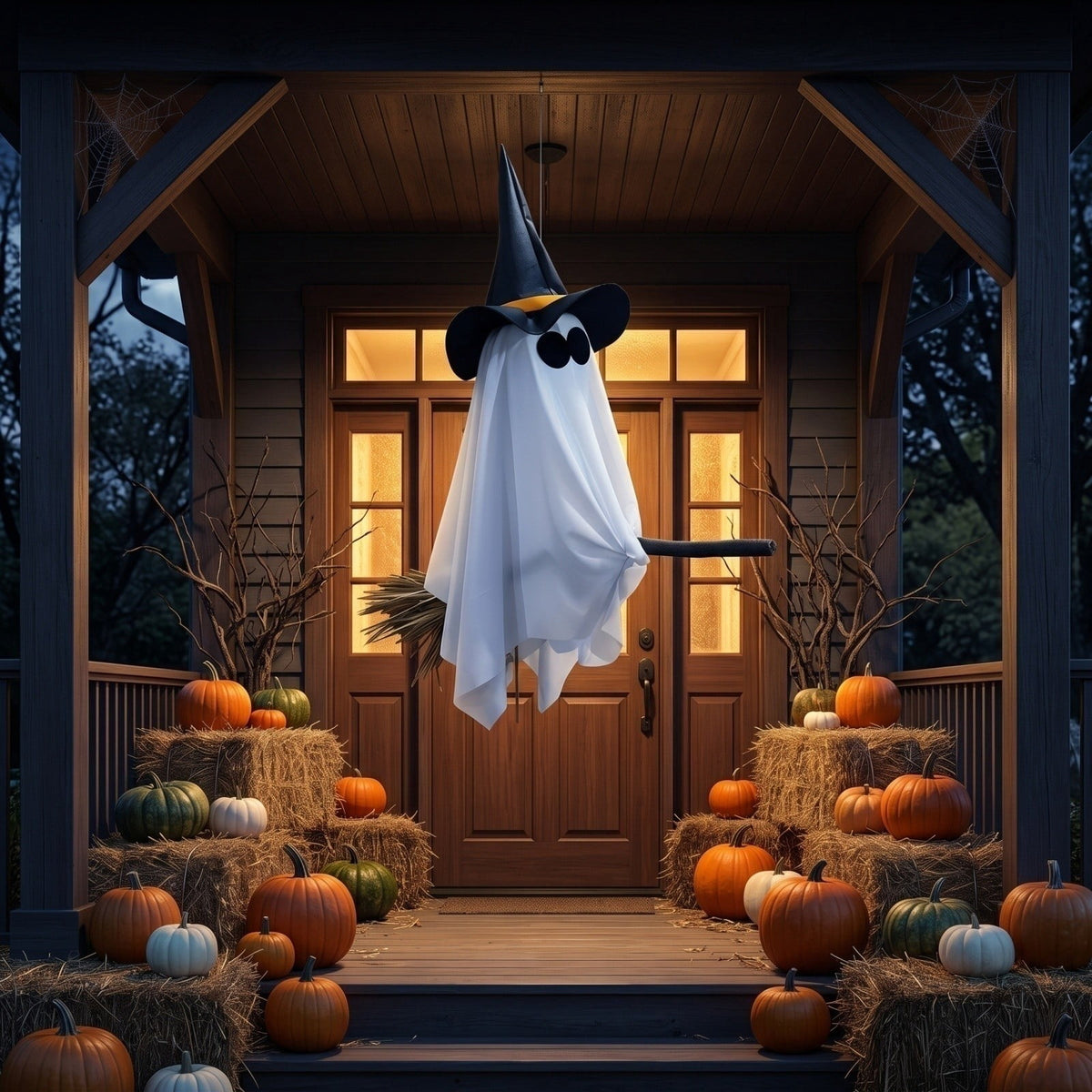 DIY Hanging Swing Ghost Halloween Decor, Flying Ghost on Broomstick with Witch Hat, Spooky Cute Outdoor Halloween Decorations for Front Porch Yard Tree, 3.61x4.33FT