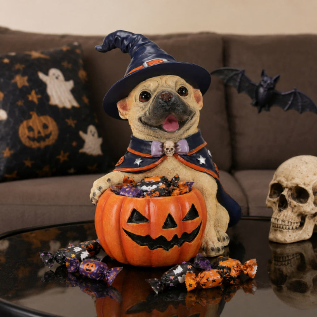 SpookHaven Halloween Jack‑O‑Lantern Pumpkin Mist Sprayer Figurine, LED Light‑Up Fogger with Witch Hat & Skull Decoration, Spooky Ornament for Tabletop Entryway Halloween Party Home Decor