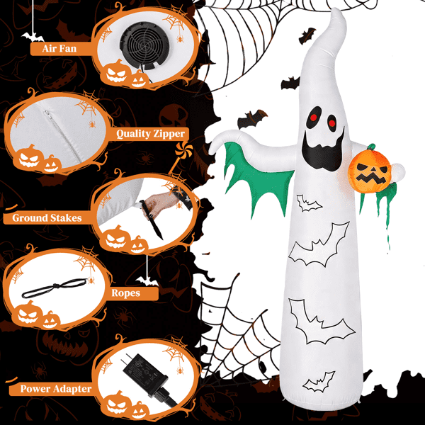 Alvantor 11.8 ft Ghost Halloween Inflatable with Pumpkin, 4 LED Lights and 82-Light Flashing Bat String, White and Green