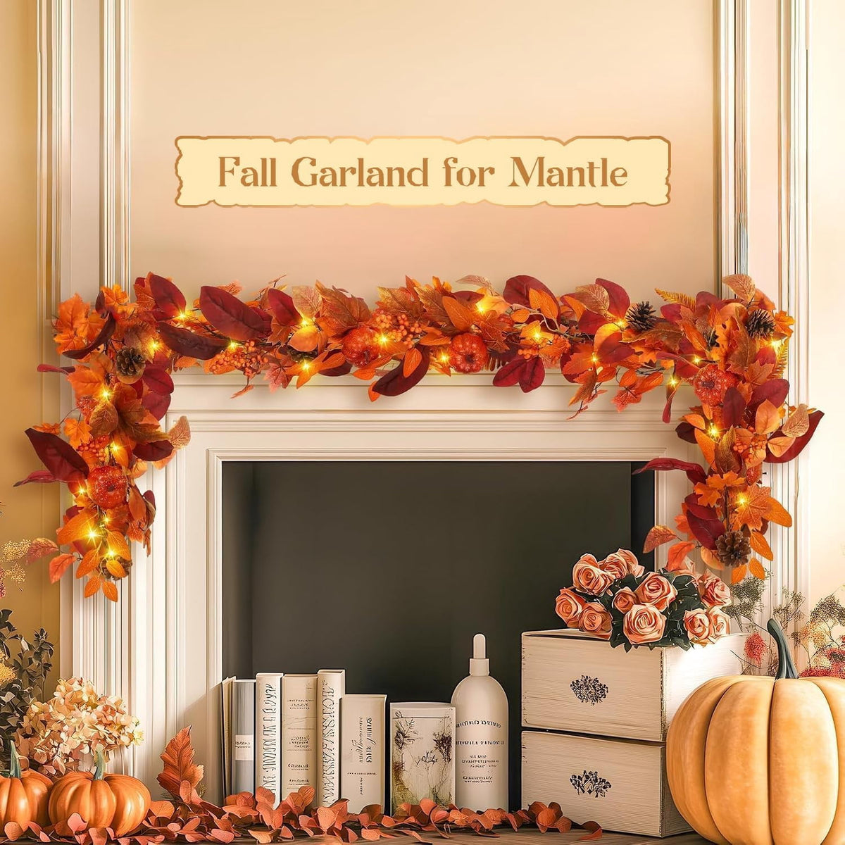 2 Packs 9ft Fall Garland with Lights and Timer for Mantle