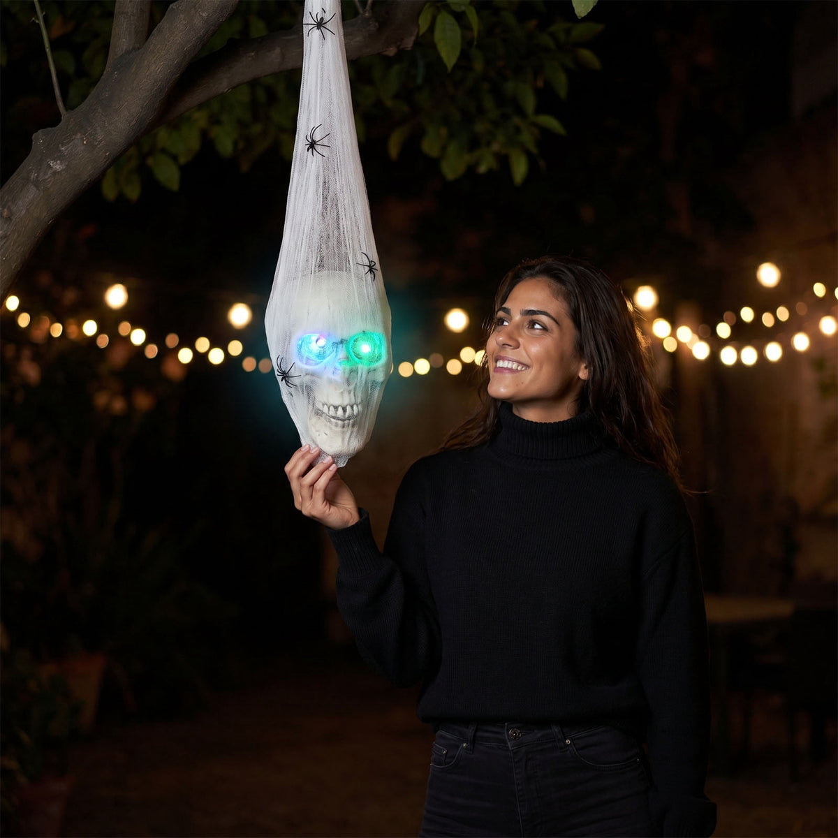 Spooky Hanging Decoration 25.6 Inch Glowing Skeleton Skull with Led Eyes, Gauze Wrapped Scary Ornament for Halloween Party, Indoor Outdoor Yard Decor