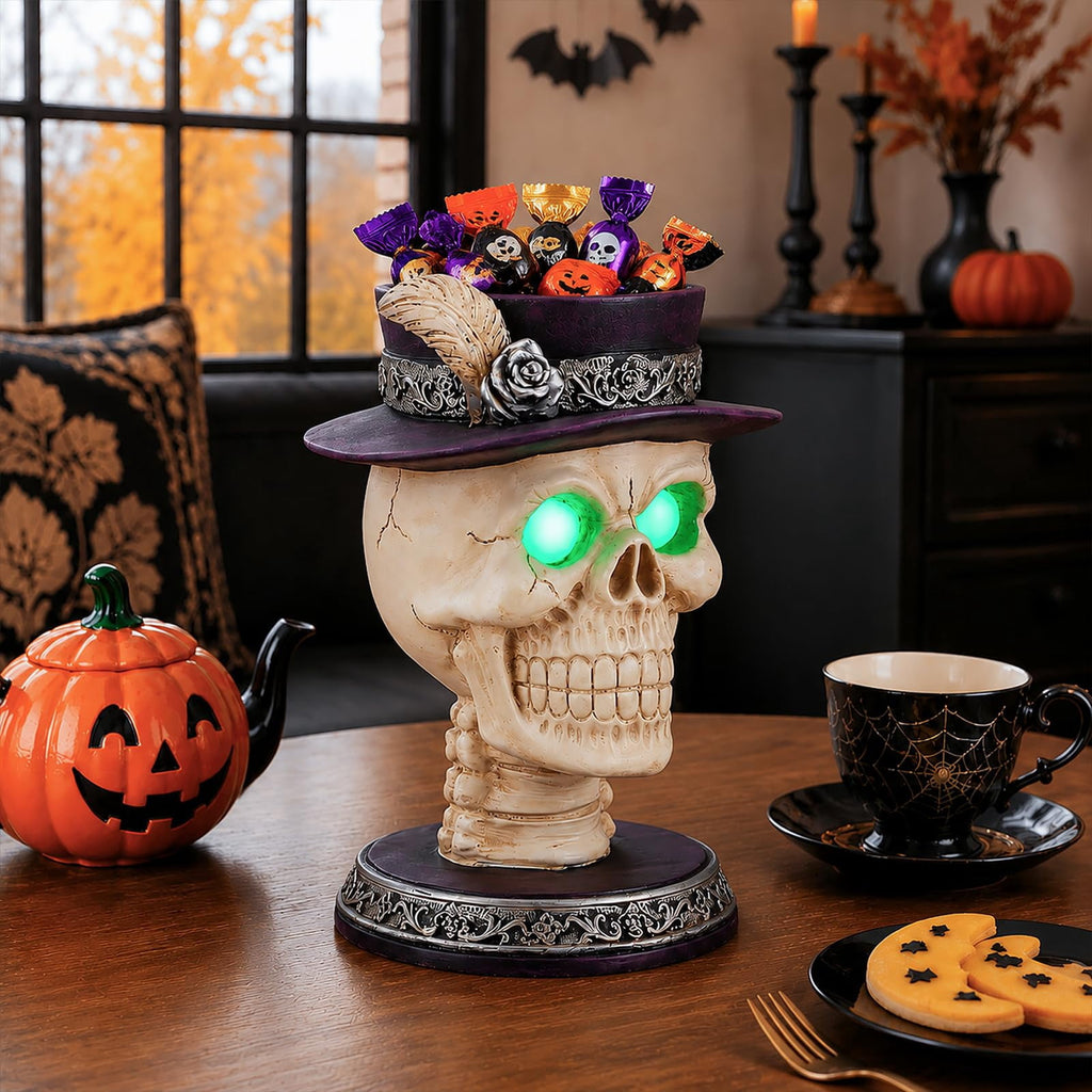Halloween Ghost Statue with LED Glowing Eyes, Resin Ghost Figurine Tabletop Decor for Indoor Home, Mantel, Shelf, Entryway and Halloween Party Display