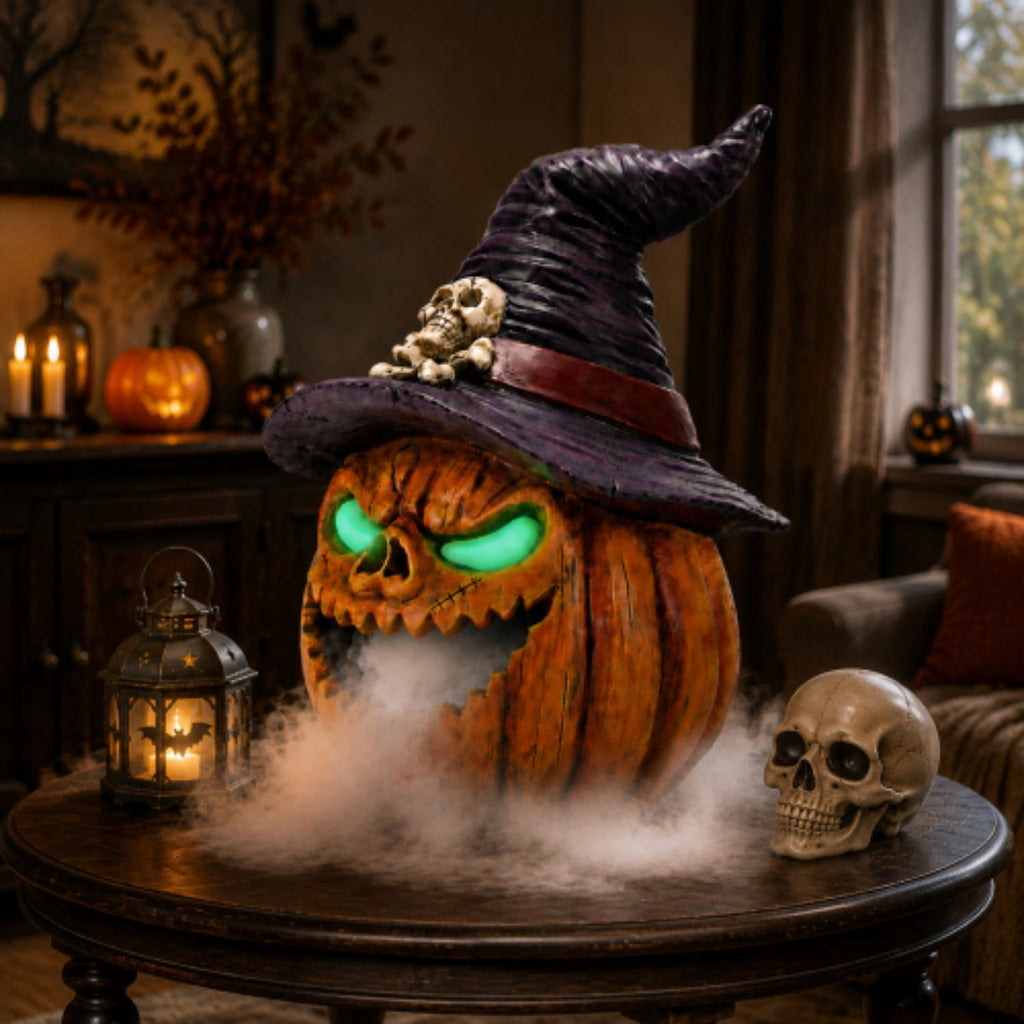 SpookHaven Halloween Jack‑O‑Lantern Pumpkin Mist Sprayer Figurine, LED Light‑Up Fogger with Witch Hat & Skull Decoration, Spooky Ornament for Tabletop Entryway Halloween Party Home Decor