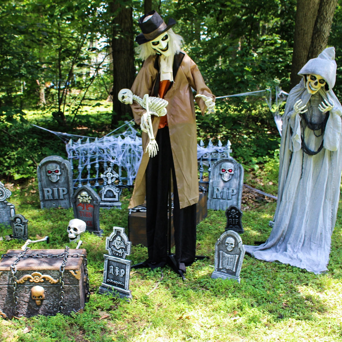 Haunted Hill Farm 5.25 ft Jebediah Bones Animatronic Gravekeeper, Indoor or Covered Outdoor Halloween Decor, Red LED Eyes, Battery-Operated, HHGRVKPR-1FLSA