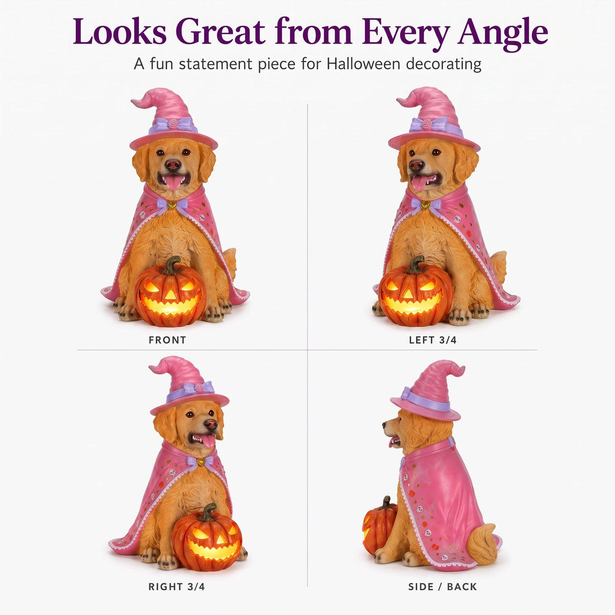 A7Store Halloween Golden Retrieve Dog Indoor Outdoor Porch Statue with Lighted Pumpkin, Pink Witch Hat and Cape