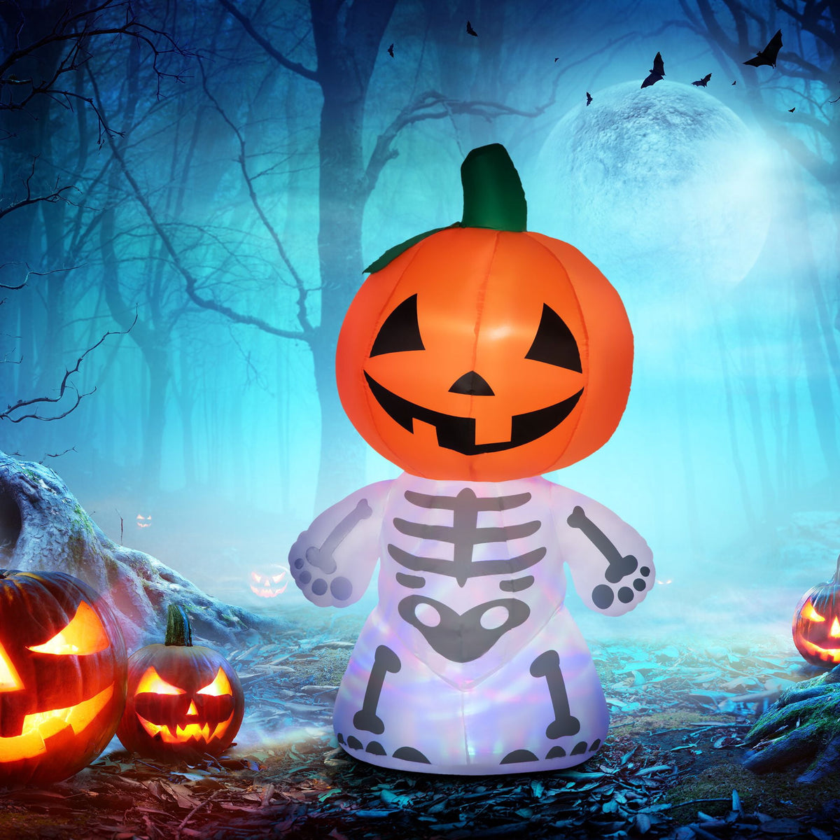 6ft Rotating LED Halloween Skeleton Ghost with Pumpkin Head for Outdoor Yard Decorations