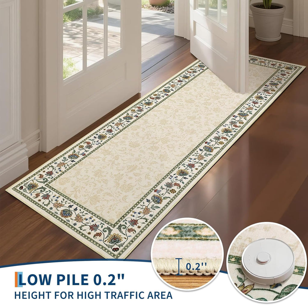 Large Living Room Rug 10x13 Non-Slip Floral Indoor Carpet Washable Floral Bordered Floor Mat Low Pile Non-Shedding Foldable Neutral Bedroom Rugs for Dining Room Nursery Home Office Red