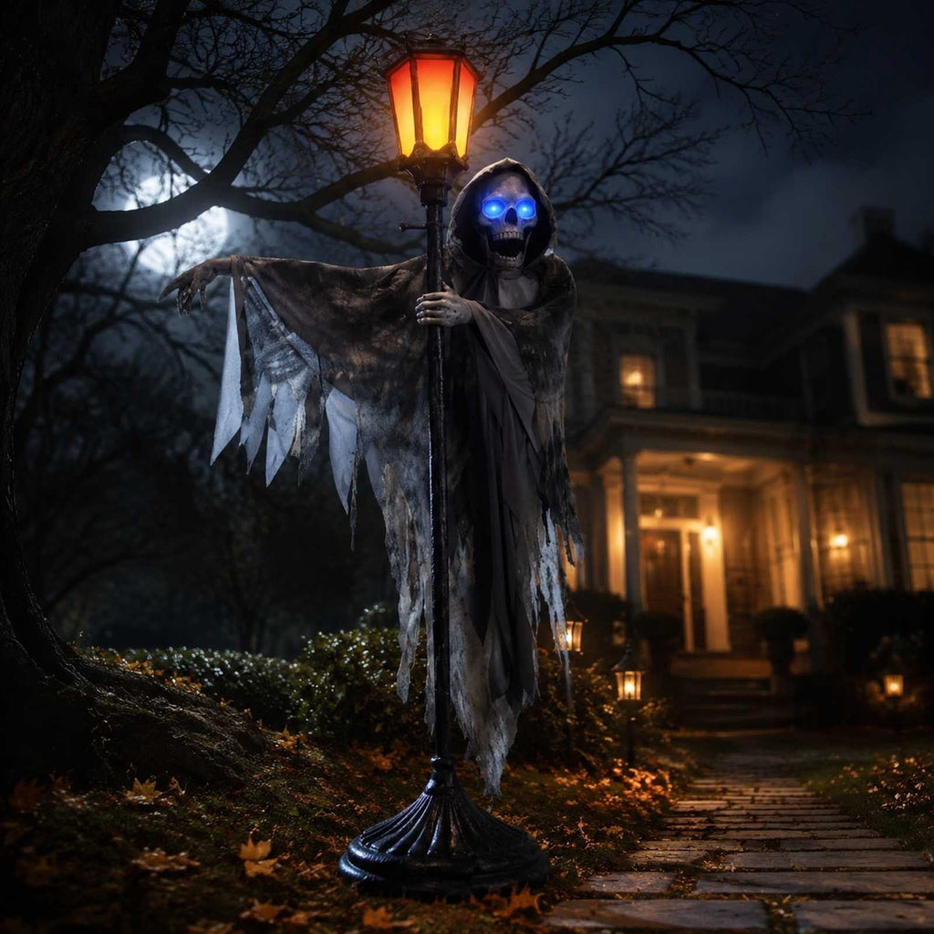 Halloween Ghost Street Lamp Decoration, Lighted Skeleton Ghost Prop with Blue Glowing Eyes, Standing Tattered Robe Figure for Porch Front Door Yard Outdoor House Party Decor