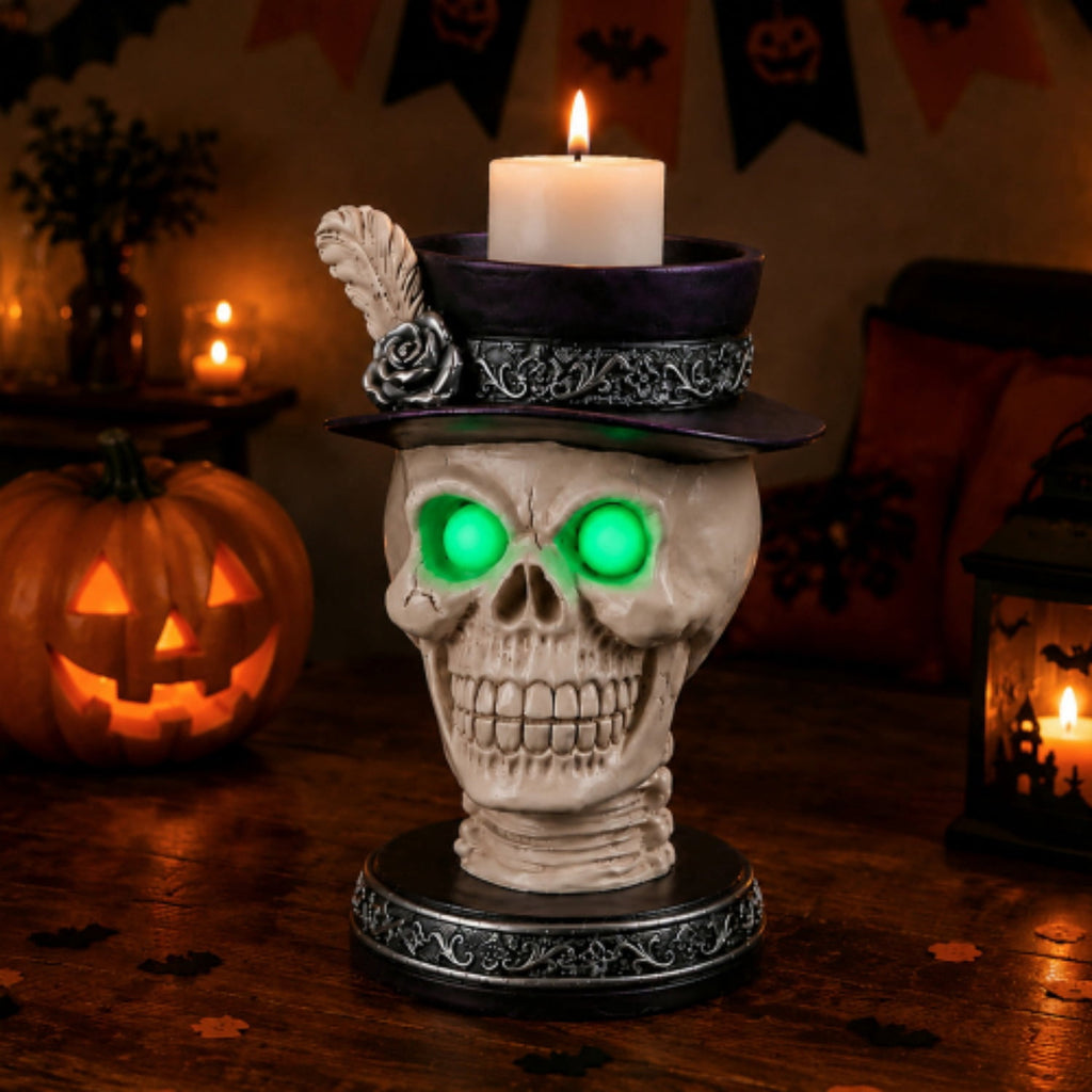 SpookHaven Halloween Jack‑O‑Lantern Pumpkin Mist Sprayer Figurine, LED Light‑Up Fogger with Witch Hat & Skull Decoration, Spooky Ornament for Tabletop Entryway Halloween Party Home Decor