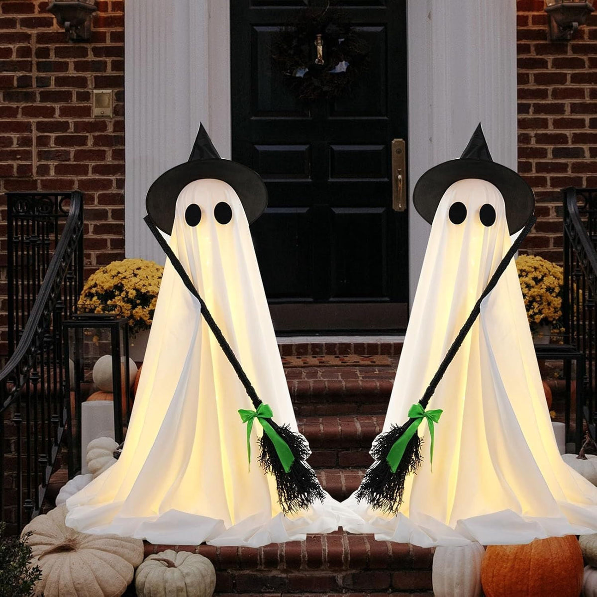 LED Light Up Ghost Decoration with Witch Broom and Timer for Halloween