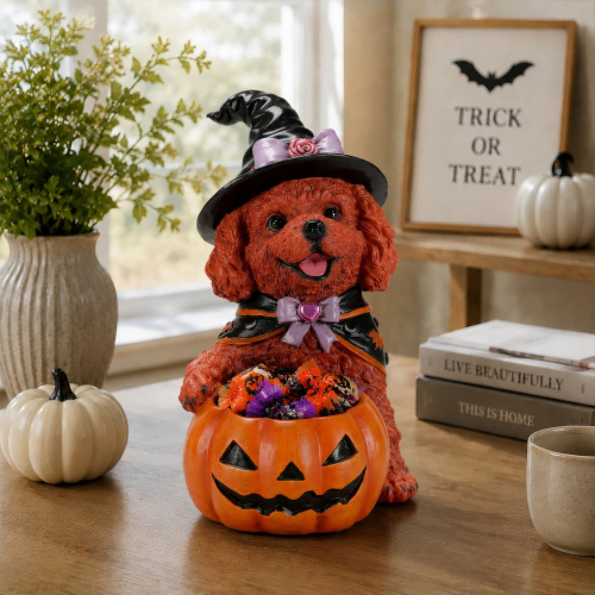 SpookHaven Halloween Jack‑O‑Lantern Pumpkin Mist Sprayer Figurine, LED Light‑Up Fogger with Witch Hat & Skull Decoration, Spooky Ornament for Tabletop Entryway Halloween Party Home Decor