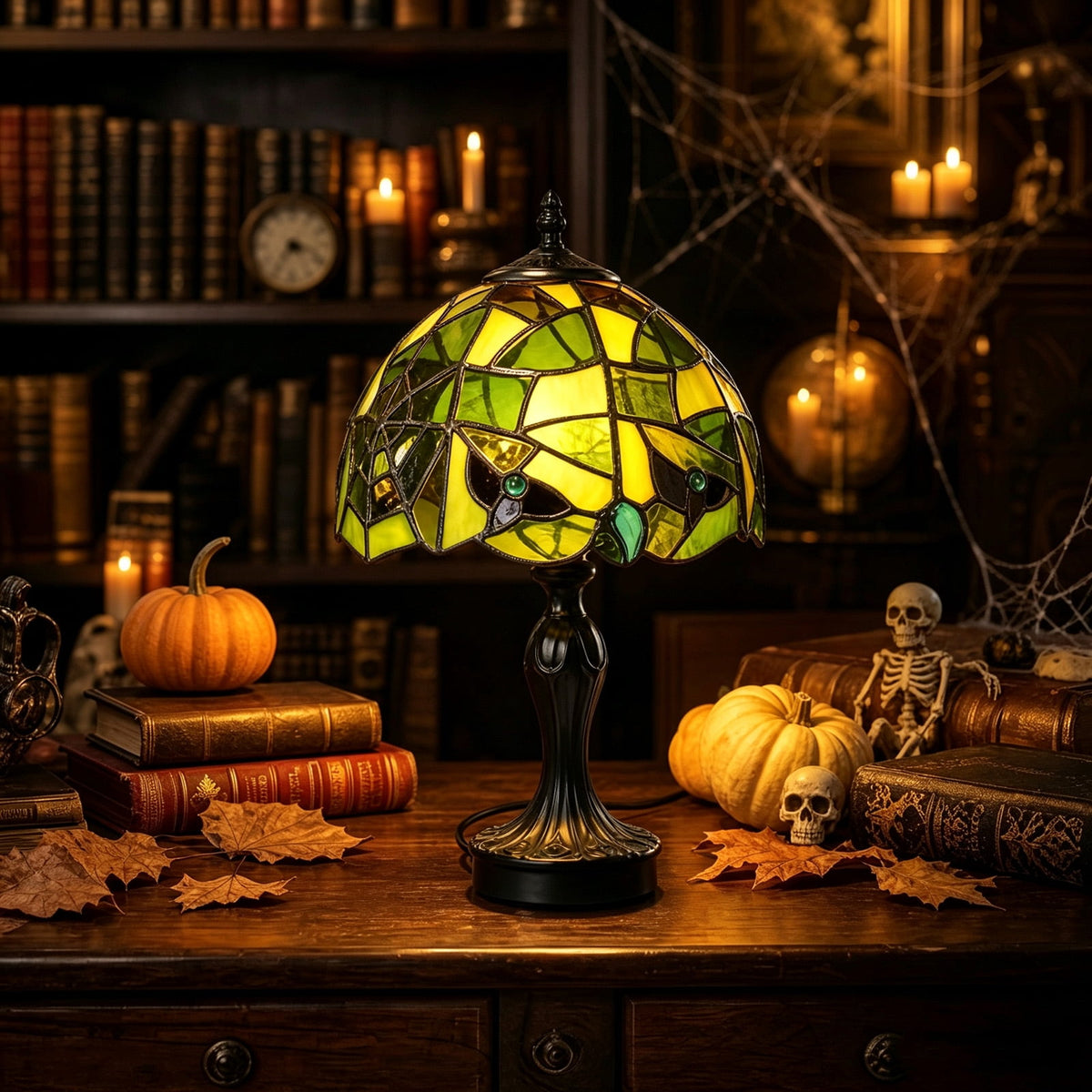 Vintage Style Glass Spiderweb Halloween Lamp, 8" Handmade Spiderweb Pattern Gothic Resin Desk Light, Halloween Decorations Indoor for Bedroom, Living Room, Office (Green)