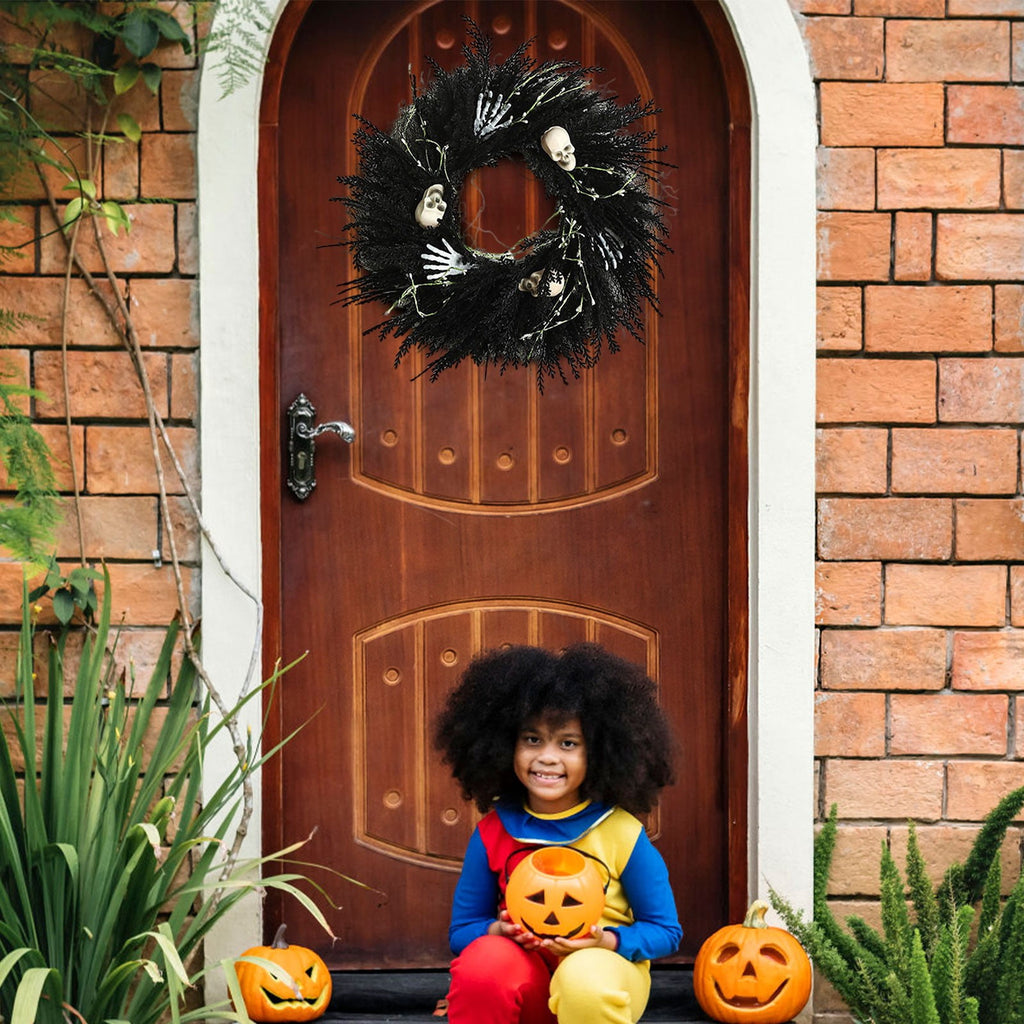 XHKUYI Halloween Skeleton Wreath 19.7 Inch, Black Skull Hand Halloween Wreath with Bone Details and Spooky Round Door Accent, for Front Door, Porch Wall, Haunted House Party, Indoor Entry Decor
