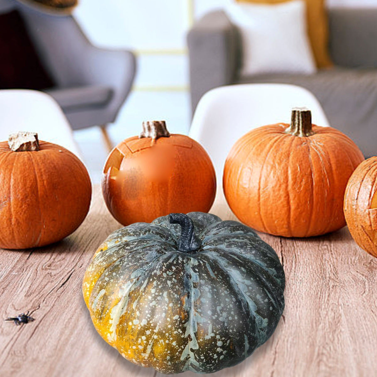 13.7" Halloween Foam Pumpkin Decorations, 2 Pack Artificial Pumpkins for Table Mantel Shelf Display, Fall Autumn Home Decor for Thanksgiving Party (Green)