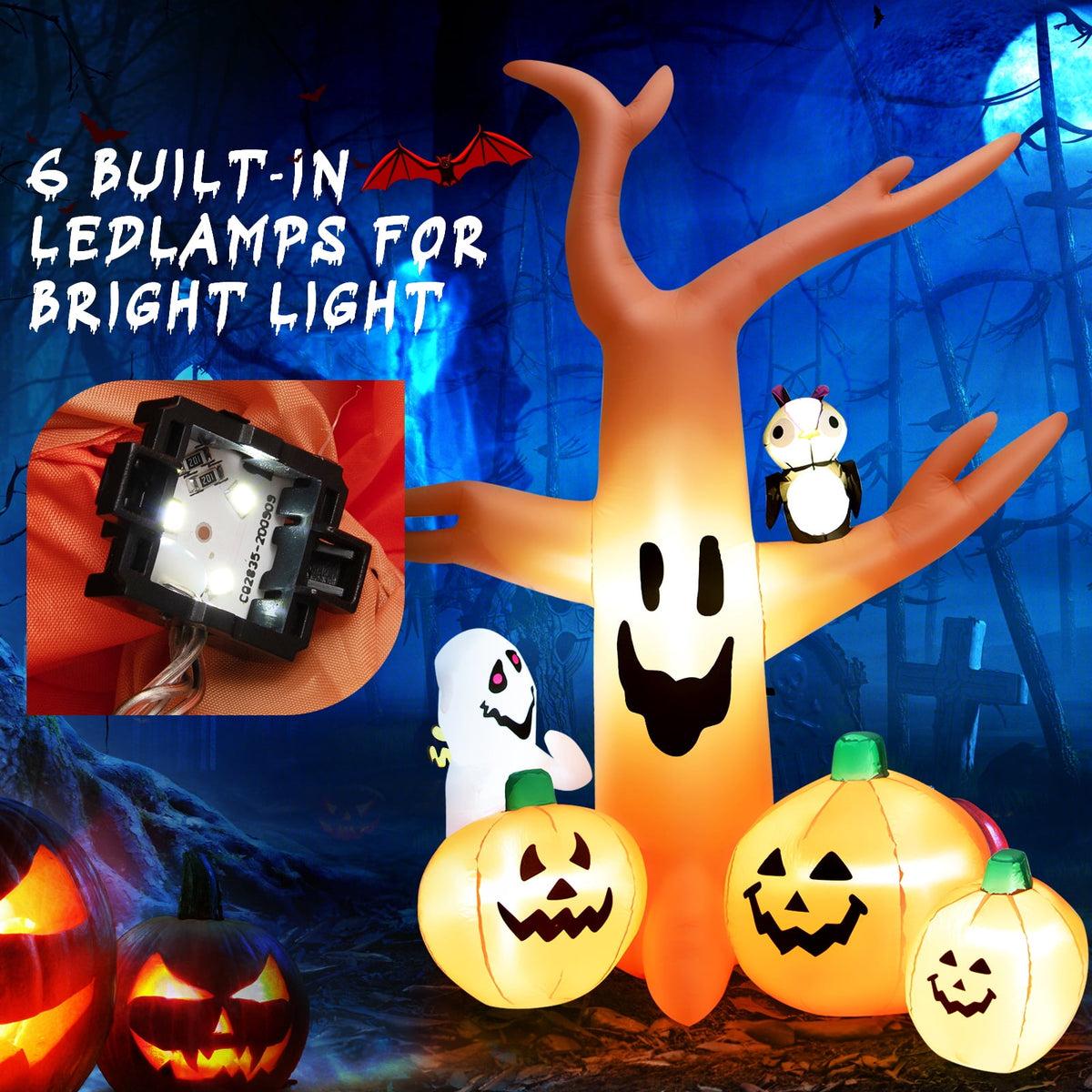 Topbuy 8FT Halloween Inflatable Decoration, Blow Up Dead Tree w/ Waterproof Air Blower Built-in LED Lights 2 Ropes & Stakes Holiday Decor w/ Ghost Owl Pumpkin for Yard Garden Lawn