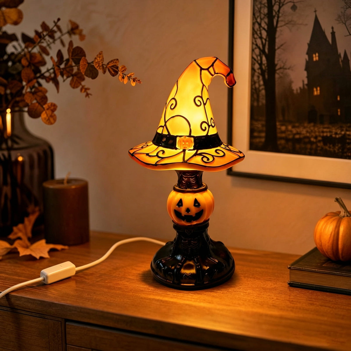 AZXY Halloween Stacked Lighted Pumpkin Figurine, Skeleton Cut‑Out Pumpkin Lamp, Spooky Holiday Floor Ornament, Halloween Yard Party Decoration for Porch Yard Living Room Use