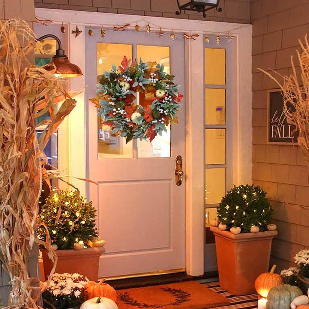 Fall Wreath - Halloween Decorative Autumn Garland with Pumpkin Accents, Handmade Style Seasonal Wall Decor, Vibrant Harvest Door Circle Ornament