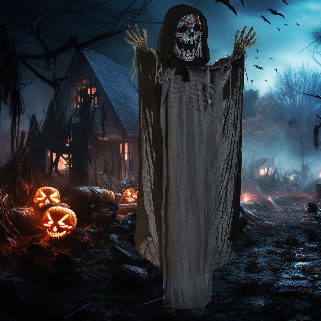 Halloween Decoration Animatronic Skeleton Witch, 74-Inch Motion Activated Outdoor Prop with Sound and Light, Grey Polyester