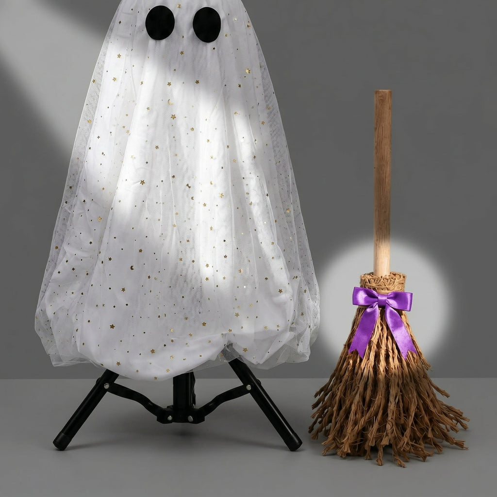 2 Pack Light Up Standing Tulle Ghost Halloween Decorations with Witch Hat, Warm LED Fairy Light Ghost Yard Stakes, Spooky Cute Ghost Outdoor Lawn Porch Mantel Home Halloween Party Decor