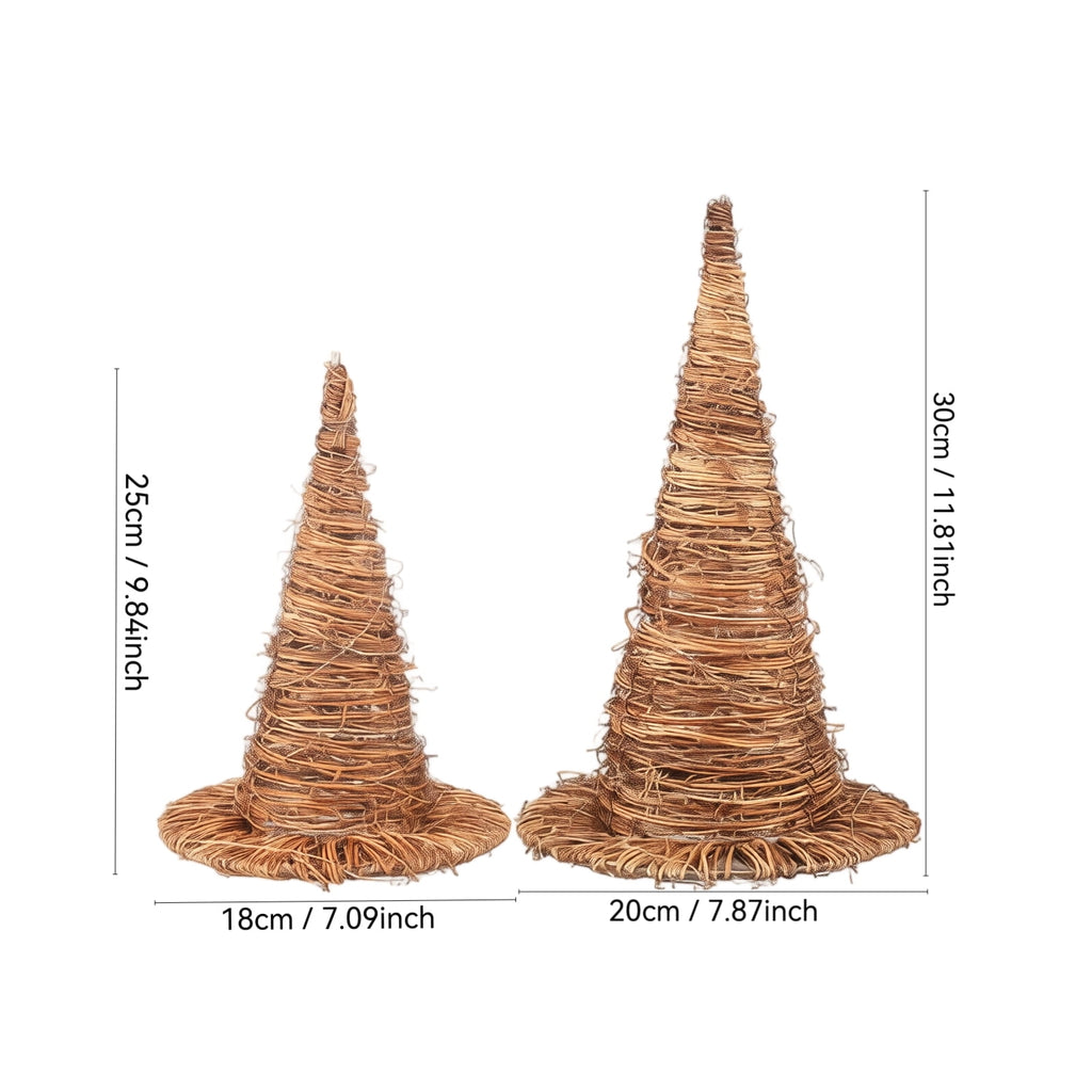Lighted Rattan Witch Hat Set Halloween Decor, Hand Woven Wizard Hats with Warm LED Lights, Spooky Tabletop Centerpieces for Home Party & Fall Harvest Display (11.8" & 9.8")